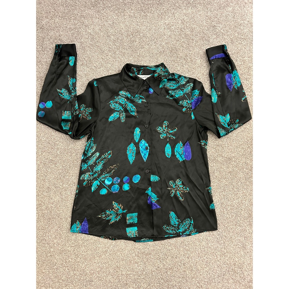 Norton McNaughton Blouse Womens 6 Black Turquoise Leaf Print Excellent Vintage